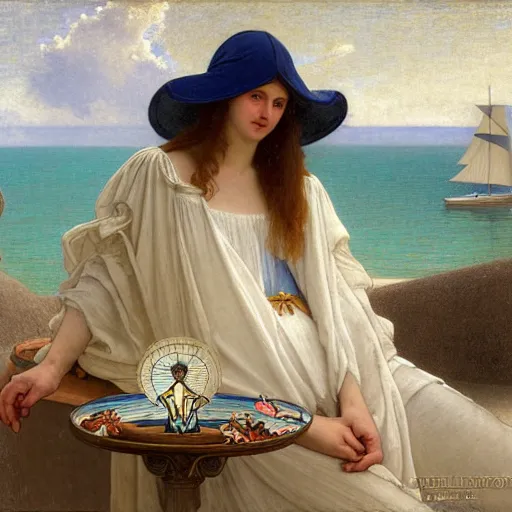 Image similar to An angel with jester hat and clothes on a greek circle archi on the front of a Balustrade with a beach and a sail boat on the background, major arcana cards, by paul delaroche, alphonse mucha and daniel garber daniel garber arnold böcklin hyperrealistic 8k, very detailed