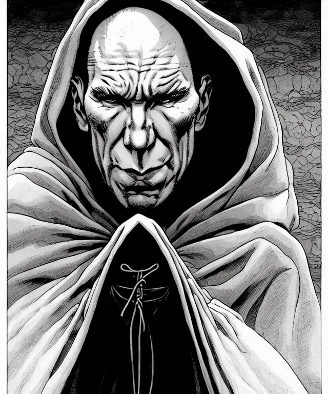 Prompt: a ( fantasy comic ) ( cover art ) portrait of a hooded monk who looks like ( pete postlethwaite ), digital illustration by jenny frison and sana takeda and kentaro miura, fine inking lines, vivid colors, dnd, highly detailed!, hd, 4 k, trending on artstation