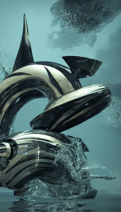 Image similar to summoning a beautiful biomechanical orca spirit from the ocean, organic and robotic, made up of metal, skin, and plastic, shiny, metallic, wet, solarpunk, post apocalyptic, hyper realistic, cinematic angle, octane render unreal engine render, 8k, super detailed, SLEEK!!!