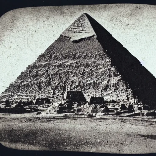 Image similar to tintype photo, ufo crashing into a pyramid