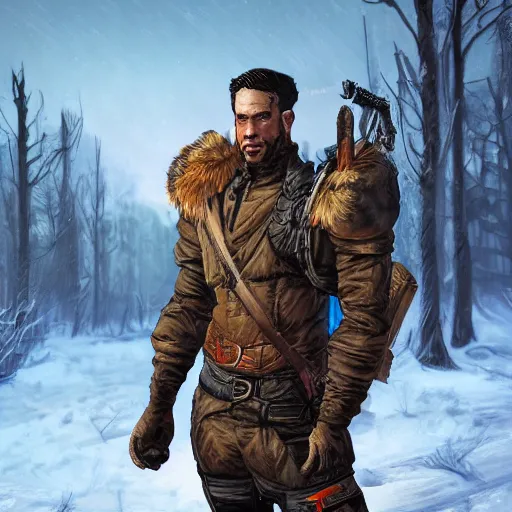 Image similar to A comic book style portrait painting of a male ranger in a a post apocalyptic winter landscape, unreal 5, DAZ, hyperrealistic, octane render, RPG portrait, ambient light, dynamic lighting