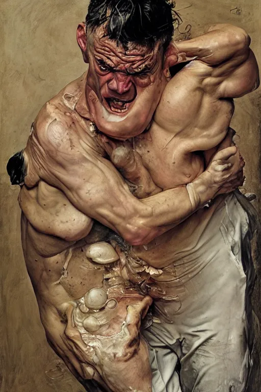 Prompt: portrait of a man enraged, part by Jenny Saville, part by Norman Rockwell