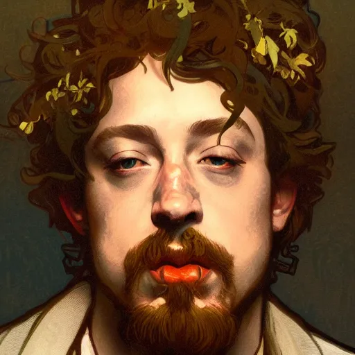 Prompt: Sam Hyde smoking a cigarette, portrait art by alphonse mucha and greg rutkowski, highly detailed, digital painting, concept art, illustration, dim lighting with twilight rays of sunlight, trending on artstation, very detailed, smooth, sharp focus, octane render