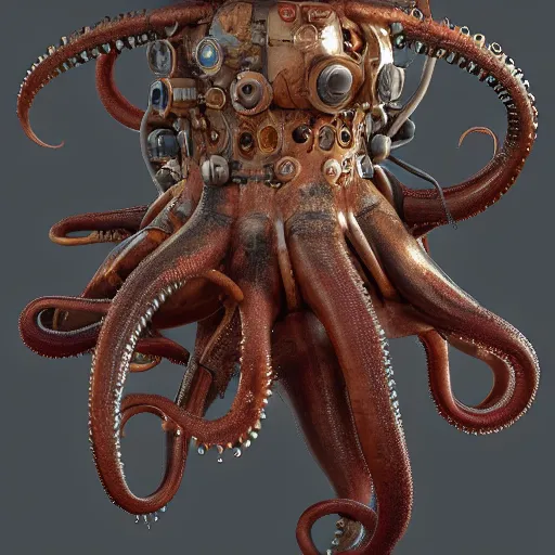 Image similar to underwater biopunk steampunk octopus, hyper detailed, digital art, trending in artstation, cinematic lighting, studio quality, smooth render, unreal engine 5 rendered, octane rendered, art style by klimt and nixeu and ian sprigger and wlop and krenz cushart.