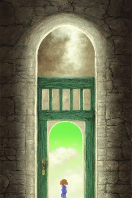 Prompt: platform door of ancient building, dream, cloud, tintal effect, super detail, 8 k, volume light, ultragreen, chinese traditional color tone, by hayao miyazaki and lee madgwick, trending on artstation