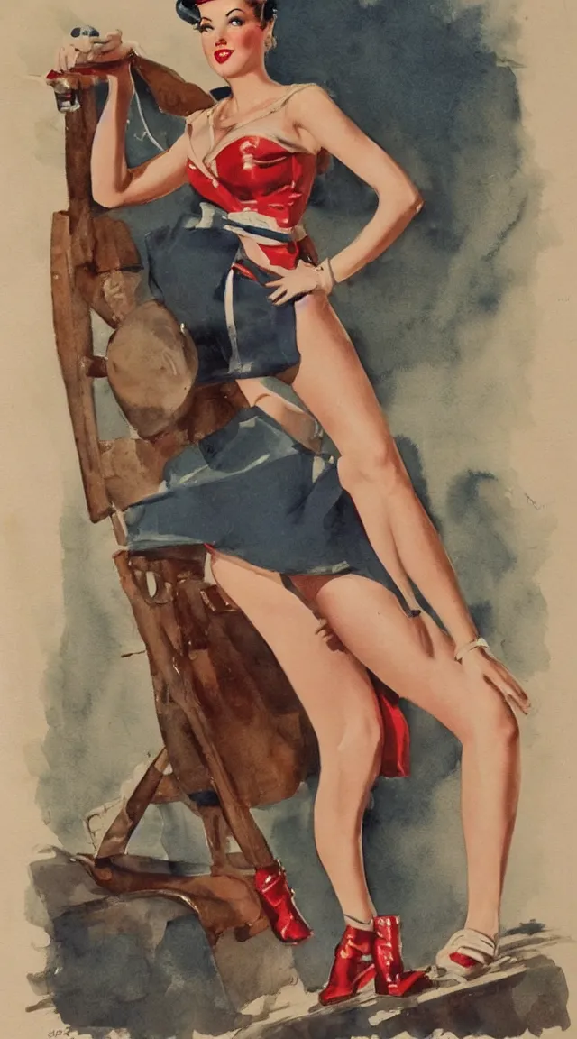 Prompt: a portrait one full body pin up post war dressing a military unioform,water color, Gil Elvgren style