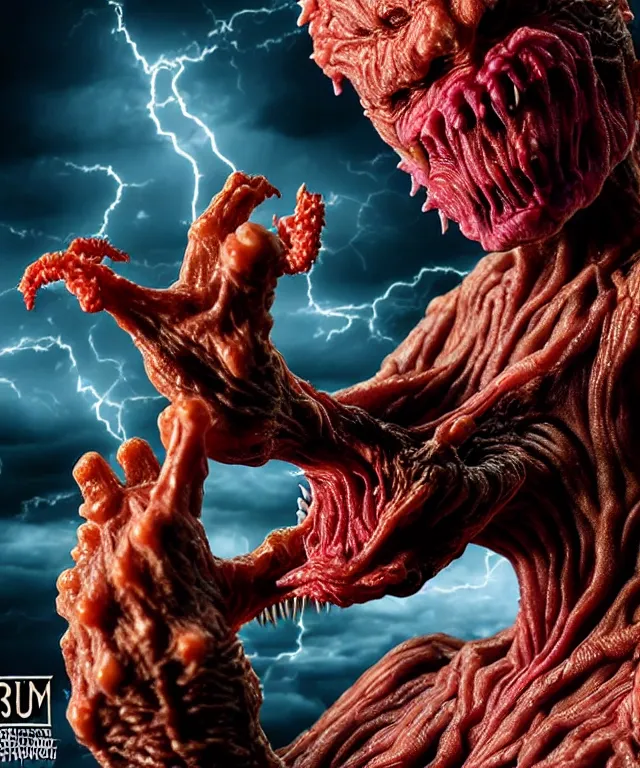 Prompt: hyperrealistic rendering, epic boss battle, cronenberg flesh monster overlord, by art of skinner and richard corben, product photography, collectible action figure, sofubi, hottoys, storm clouds, outside, lightning