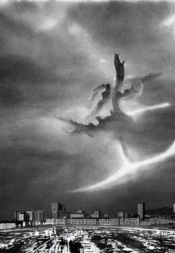 Prompt: Pulgasari the North Korean starfish monster destroying Pyongyang city, volumetric lighting, filmstill, produced by Kim Jong-il, Kodachrome, kaiju-eiga, monster movie, communist propaganda, film noir, 35mm film grain, Cooke Varotal 20-100mm T3.1, monochrome, in the style of Ishirō Honda and Akira Kurosawa