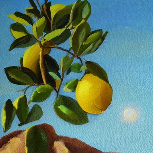 Prompt: Lemon tree growing on a desert, sunny day, oil painting