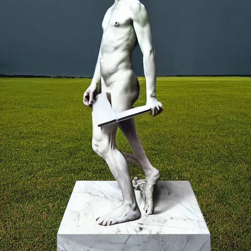 Prompt: A computer art. A rip in spacetime. Did this device in his hand open a portal to another dimension or reality?! marble statue by Gregory Crewdson, by David Burdeny energetic, shadowy