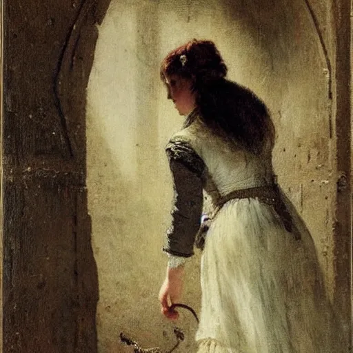 Image similar to young victorian woman escaping a dungeon, by alfred stevens