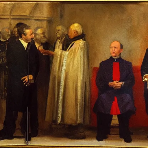 Prompt: jeffery epstein, bill cosby, and kevin spacey dressed up as catholic priests, speaking to a congregation, rembrandt,