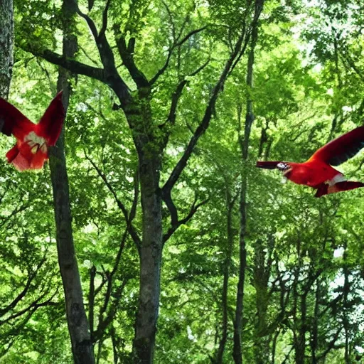 Prompt: kakarikis flying in a forest