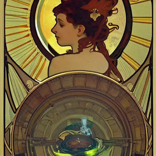 Prompt: a woman floating in a glowing cylinder in a science fiction laboratory by Alphonse Mucha