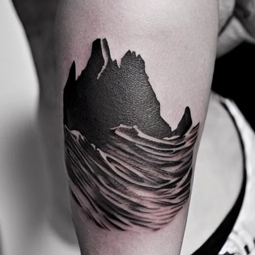 Image similar to double exposure tattoo design sketch of beautiful margot's robbie's face looking like beautiful mountains, in the style of matteo pasqualin, amazing detail