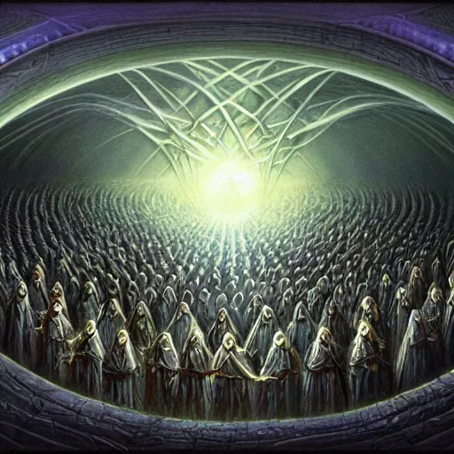 Image similar to a quantum computer surrounded by a dark cabal of multiple hooded elven mystics in long dark robes gathered in a circular formation, dan seagrave art, michael whelan