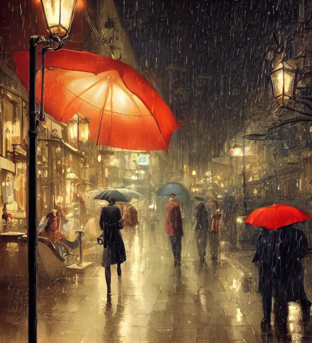 Image similar to a bunch of people under a lamp umbrella while raining, fine details, night setting, realistic shaded lighting poster by ilya kuvshinov, katsuhiro, artgerm, jeremy lipkin, michael garmash, nixeu, unreal engine 5, radiant light, detailed and intricate environment