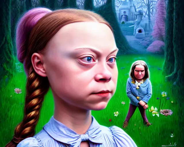 Image similar to closeup profile portrait of a greta thunberg as alice in wonderland, nicoletta ceccoli, mark ryden, lostfish, max fleischer, hyper realistic, artstation, illustration, digital paint, matte paint, vivid colors, bright, cheerful, detailed and intricate environment