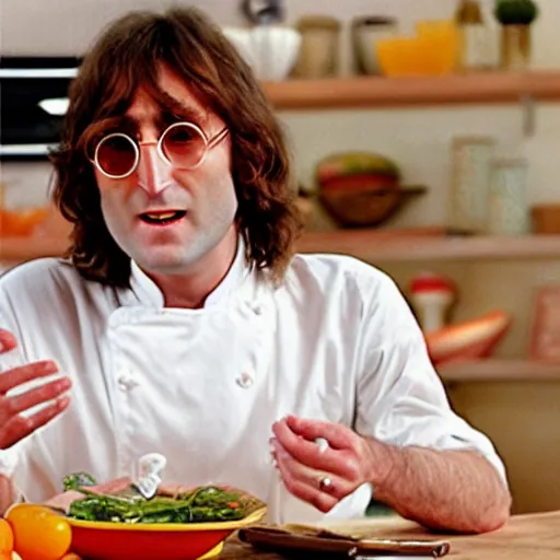 Image similar to john lennon on a cooking show, hd, 4 k, hyper realistic, intricate detail