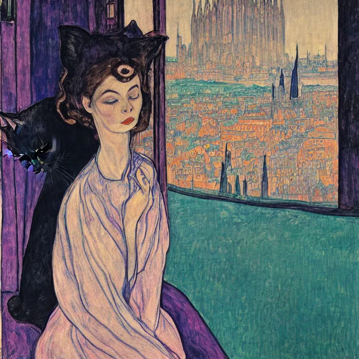 Image similar to close portrait of woman in transparent vaporous night gown with cat and iris, with city with gothic cathedral seen from a window frame with curtains. sun through the clouds, vivid iridescent psychedelic colors. munch, egon schiele, henri de toulouse - lautrec, utamaro, monet