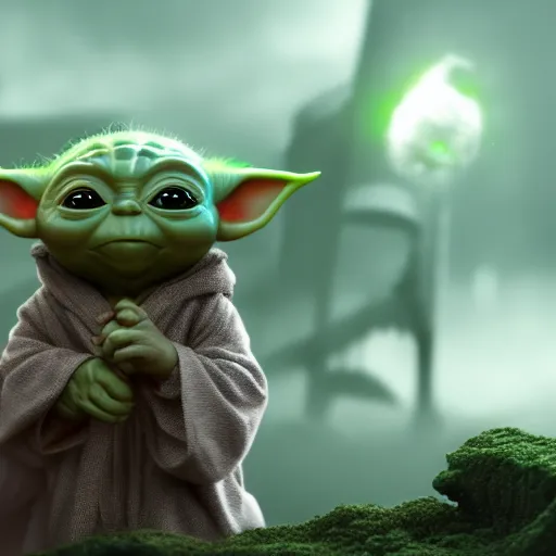 Image similar to Baby Yoda is fighting Thanos, hyperdetailed, artstation, cgsociety, 8k