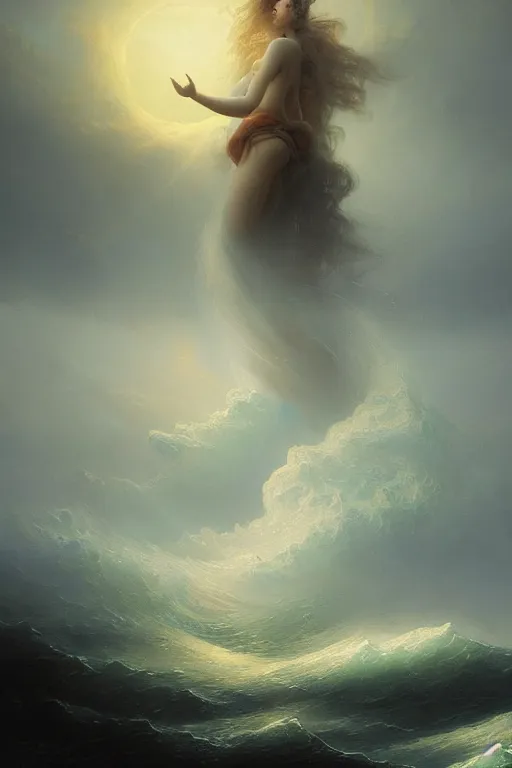 Image similar to A stunning detailed water deity by Ivan Aivazovsky, Peter Mohrbacher , Greg Rutkowski, stormy ocean, beautiful lighting, full moon, detailed swirling water tornado, artstation