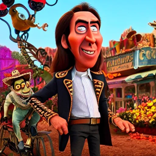 Prompt: nic cage in coco, disney,