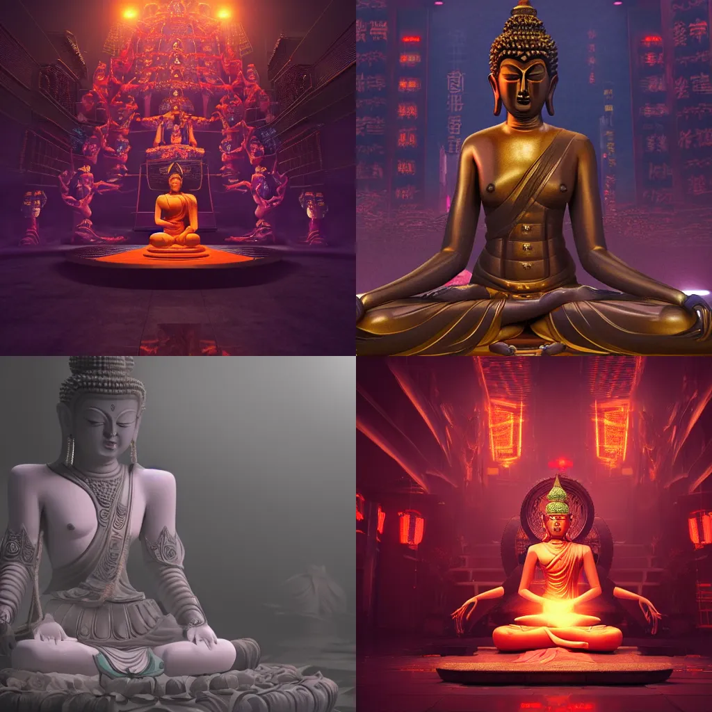 Prompt: a low pan movie still of a six armed female Buddhist godess sitting in a dark smokey Neo Tokyo temple. Concept Art, Highly detailed, 8k, trending on artstation