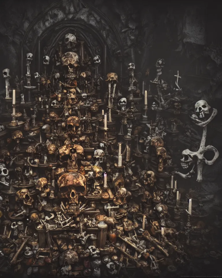 Image similar to full color, low wide shot of sedlec ossuary, bones, anime style mixed with fujifilm, dark, foggy, atmospheric, artstation, cgsociety, octane render, cgi, unreal engine 5, denoise, detailed, cinematic masterpiece