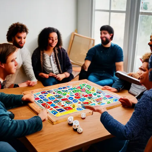 Image similar to photo of a dozen people sitting around a wooden rectangular table playing a board game