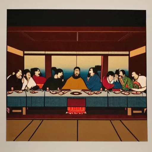 Prompt: Kanye at the last supper, Japanese woodblock art style