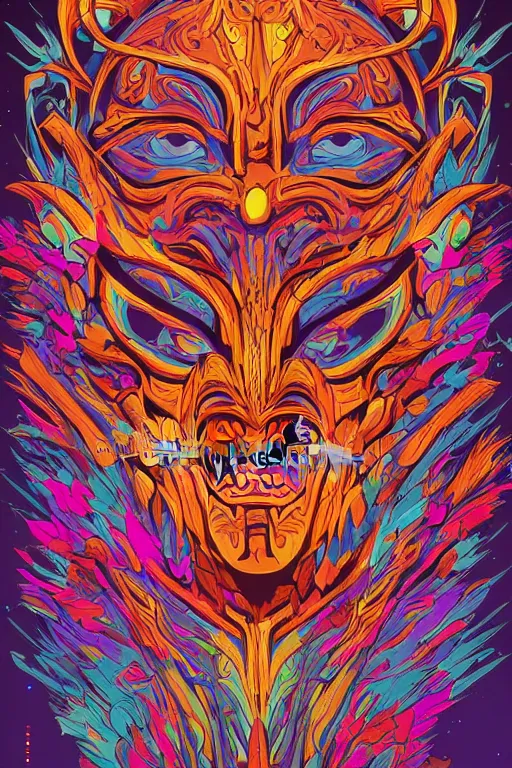 Image similar to animal mask totem roots tribal feather gemstone plant wood rock shaman vodoo video game vector illustration vivid multicolor borderlands comics by josan gonzales and dan mumford radiating a glowing aura