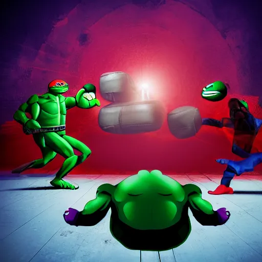 Image similar to satan having a boxing match against a teenage mutant ninja turtle, 8 k