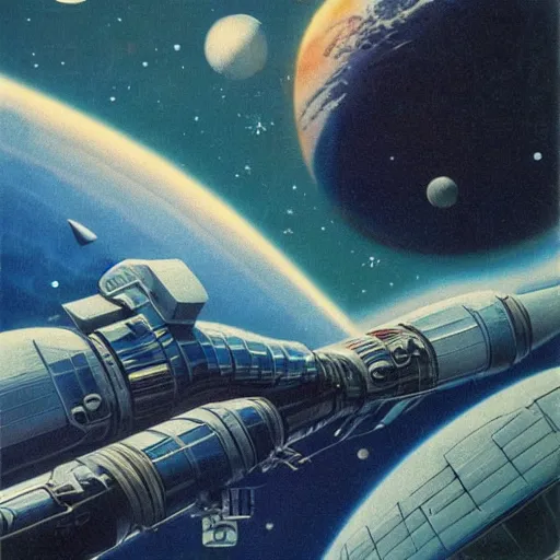 Prompt: space program, o'neill cylinder space station, vintage sci fi