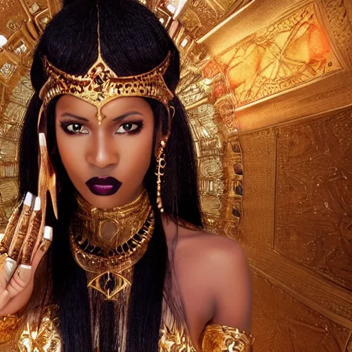 Image similar to aesthetic!!!!!! Female genie in Arabic clothing, black skin, long black hair, gold tint, frontal pose, cinematic lighting, silk, fabric, full-length view, film still by Dennis Villeneuve, 8K, symmetrical balance, in-frame