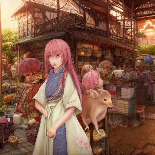 Image similar to character portrait of the capybara princess with gorgeous detailed eyes in the marketplace in the sky, color page, tankoban, 4 k, tone mapping, doll, akihiko yoshida, james jean andrei riabovitchev marc simonetti, yoshitaka amano, long hair, curly, greater capybara, giant cavy rodent, h. hydrochaeris