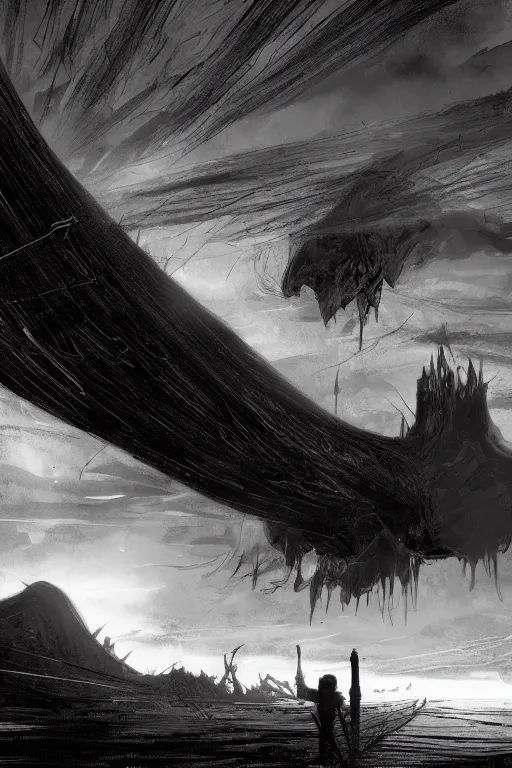 Image similar to in the black storm, a giant colossus, on a darkling plain, drawn by christan delort and jean gireaud, graphic black and white, low camera, wide angle, centered composition, golden ratio