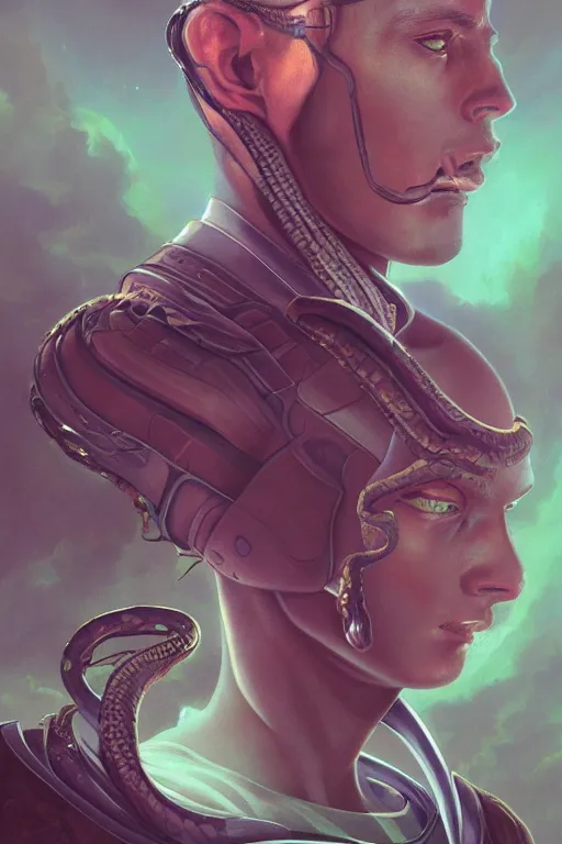 Image similar to portrait of an alien king with dreads snake hair, straight on portrait, by artgerm, tom bagshaw, gerald brom, vaporwave colors, lo fi colors, vaporwave, lo fi, 2 point studio lighting, dramatic lighting, 4 k, hd,