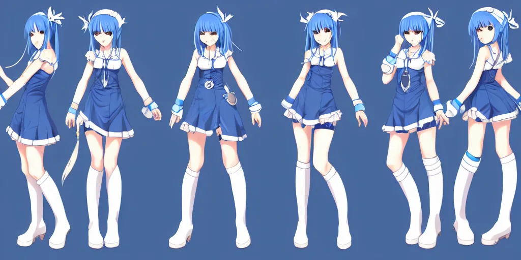 Prompt: a blue-haired alchemist girl, wearing a headband, short white dress and stockings, high boots, anime model sheet; in the Japanese fantasy videogame; character concepts; trending on artstation, highly detailed, clean lineart