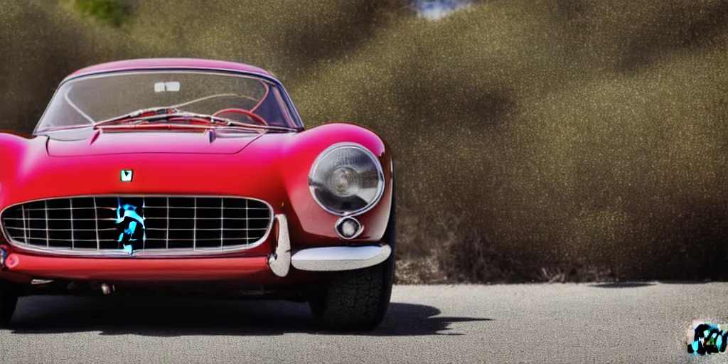 Prompt: photograph, 1958 FERRARI 250 GT, cinematic, PCH, NO badge, california coast, 8k, depth of field, bokeh.