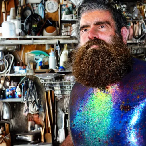 Prompt: a bearded man, painted with iridescent bodypaint, standing in his cluttered garage, he is covered with barnacles