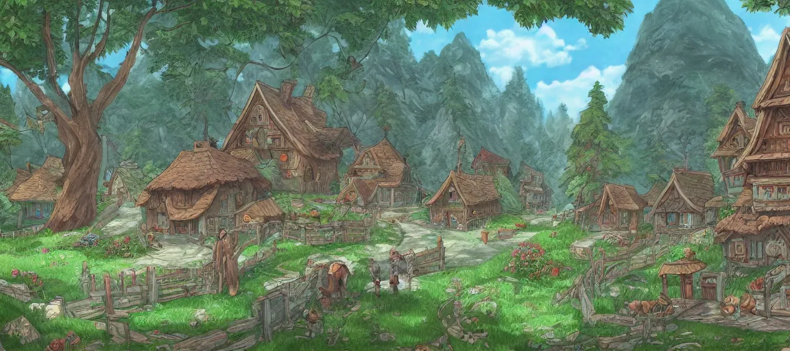 Prompt: Beautiful detailed high quality illustration of a Slavic village, beautiful forest on background::art by Ghibli Studio, League of Legends, Arcane, Wild Rift, trending on artstation