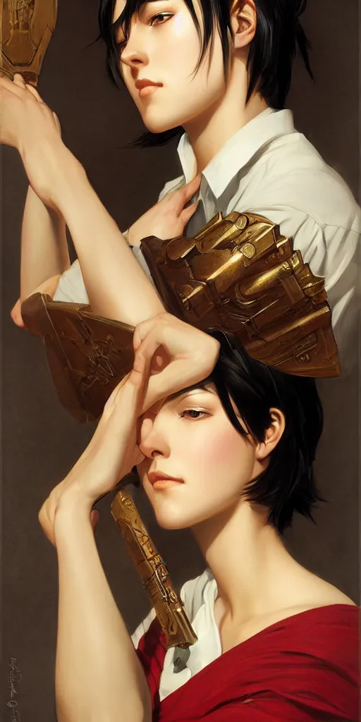 Image similar to Mikasa Ackerman, oil on canvas, ArtStation, by J. C. Leyendecker and Edmund Blair Leighton and Charlie Bowater