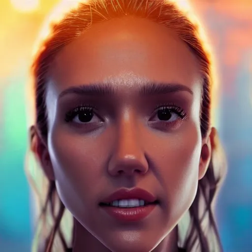 Image similar to jessica alba selfie, 8 k ultra realistic, lens flare, atmosphere, glow, detailed, intricate, full of colour, led lighting, 4 k, hyperrealistic, focused, extreme details, unreal engine 5, masterpiece