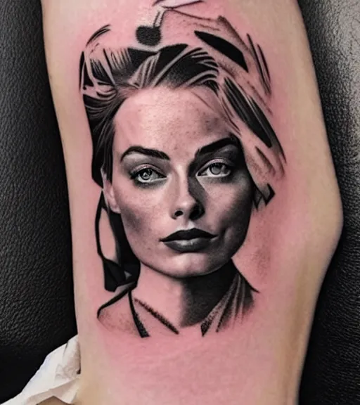 Image similar to mash up tattoo sketch of margot robbie with beautiful mountain scenery, in the style of arlo dicristina, surrealist, amazing detail, sharp