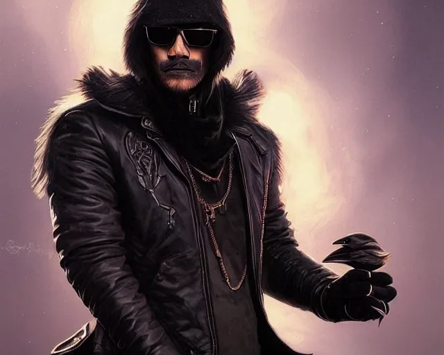 Prompt: a black crow wearing sunglasses and a leather jacket, photography of kurzgesagt, deep focus, d & d, fantasy, intricate, elegant, highly detailed, digital painting, artstation, concept art, matte, sharp focus, illustration, hearthstone, art by artgerm and greg rutkowski and alphonse mucha