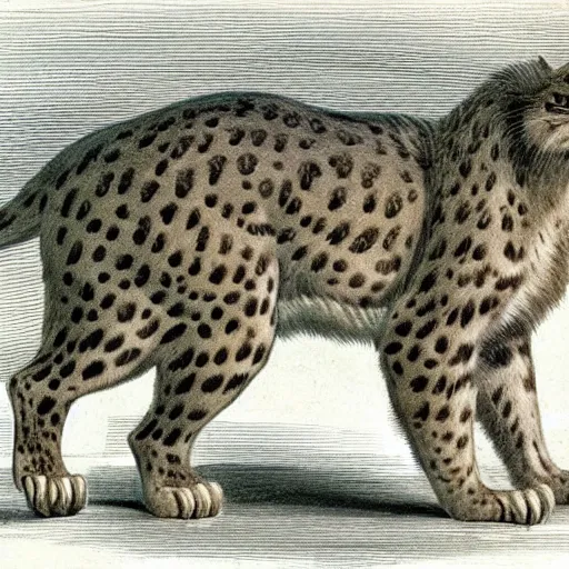 Image similar to an extinct sabertooth cat, cat with huge fangs, naturalist illustration