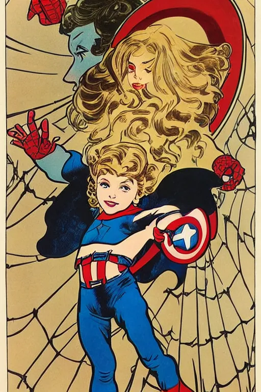 Prompt: a little girl with a mischievous face and light brown curly wavy hair. she is dressed as captain america, spider - man, batman, captain marvel, a superhero. clean elegant painting, beautiful detailed face. by steve ditko and jack kirby and alphonse mucha