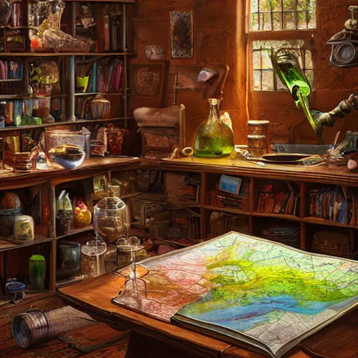 Prompt: hyper real, table, map, wizards laboratory, lisa parker, tony sart, mortar, pestle, scales, energy flowing, magic book, beakers of colored liquid