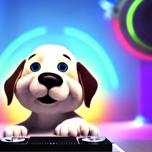 Image similar to puppy as a DJ, 8k, by Pixar